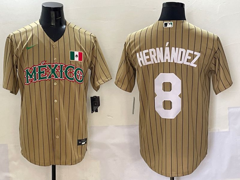 Men Los Angeles Dodgers 8 Hernandez Brown Stripe Mexico Joint Name 2025 Nike MLB Jersey style 11